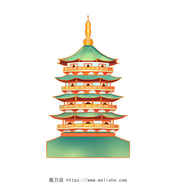 彩色手绘国潮古风中国风建筑塔元素PNG素材